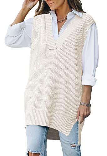 Viottiset Women's Oversized Sweater Vest V Neck Tunic Sleeveless Pullover Knit Top Checkered Light Blue M
