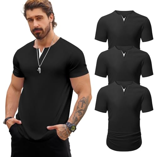 Mancozy Mens 2 Pack T Shirts Casual Breathable Fitness Fashion Black Long V-Neck Summer Shirts for Men Meduim