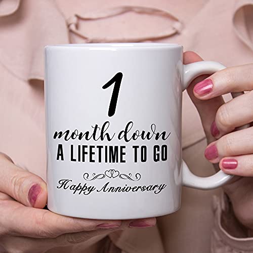 aiyaya 1 Month Anniversary Mugs for Girlfriend Boyfriend - One Month Anniversary Mug for Him Her Couple Lovers - 1 Month Down A Lifetime To Go Happy Anniversary Mug - 11 oz Coffee Mug