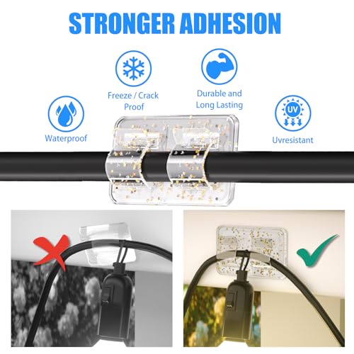 Keviyi Hooks for Outdoor String Lights Clips: 25Pcs Heavy Duty Cable Clips with Waterproof Adhesive Strips for Hanging Christmas Light - Outside UV-Resistant Clear Sticky Cord Holders Rope Organizer