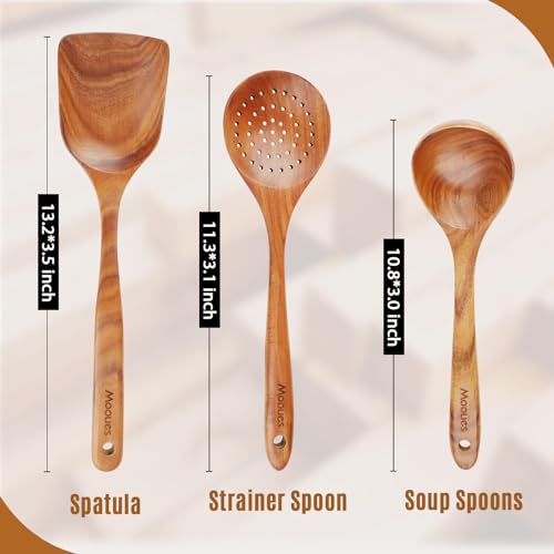 Mooues Wooden Spoons for Cooking, Wooden Utensils for Cooking Natural Teak Wooden Kitchen Utensils Set Comfort Grip (3 PCS SET)