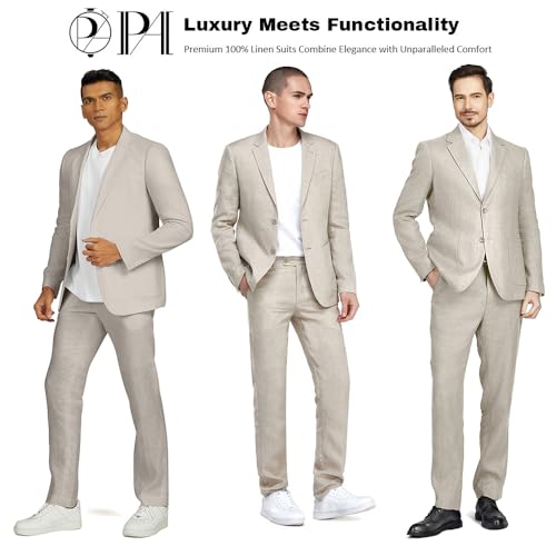 1PA1 Men's 2 Piece 100% Linen Slim Fit Suit Two Buttons Suit Jacket Blazer & Suit Pants Set Solid Business Suits (31008 Navy L)