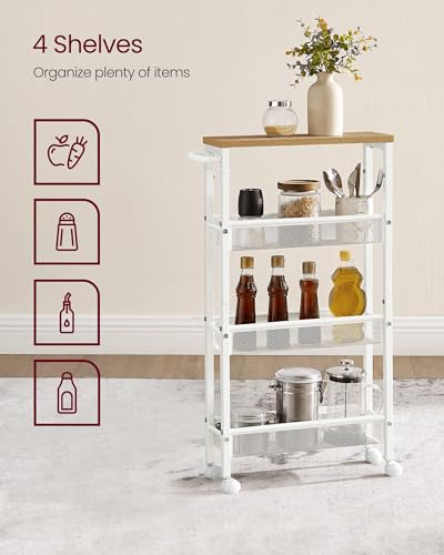 VASAGLE Slim Rolling Cart, 4-Tier Storage Cart, Narrow Cart with Handle, 5.1 Inches Deep, Metal Frame, for Kitchen, Dining Room, Living Room, Home Office, Oak Beige and Classic White ULRC032W09