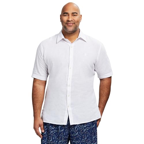 IZOD Men's Big and Tall Linen Button Down Short Sleeve Shirt, Bright White