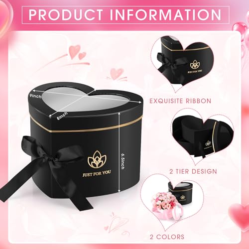 Outus 2 Pcs Heart Shaped Flower Boxes Graduation Gift Box Double Layers Rotating Floral Box with Lid for Gift Flower Arrangement Packaging Graduation Birthday, 9 x 8 x 6.5 Inch(Black, Pink)