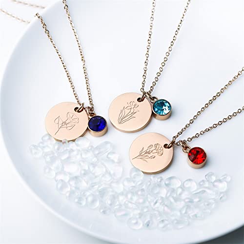 LEFTLY Birth Flower Necklace, Rose Gold Floral Pendant Necklaces, Dainty Birth Month Flower Disc Charm Hand Stamped Flower Disk Necklace