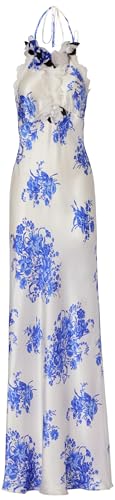 Rodarte, Blue And White Floral Printed Silk Bias Gown With Lace Details, 2, White/Blue