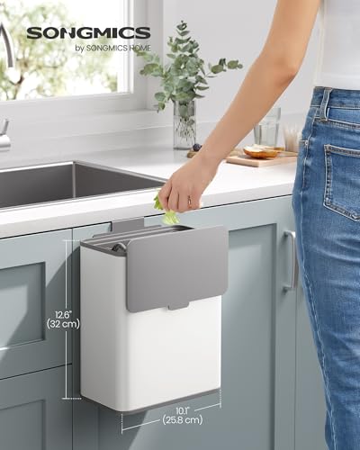 SONGMICS Hanging Trash Can, 2.1-Gallon (8 L) Small Kitchen Garbage Can with Lid, Cabinet Door Hanging or Wall-Mounted with Hooks, for Under Sink, Bathrooms, Cloud White ULTB810W01