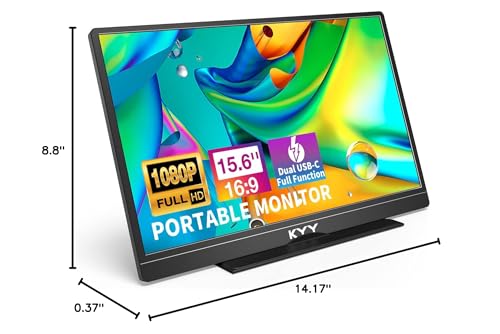 KYY Portable Monitor Latest 15.6'' FHD 1080P USB-C HDMI Laptop Monitor w/Smart Cover Bag & Dual Speakers, External HDR Computer Screen, Travel Gaming Monitor for PC MAC Phone Xbox PS4/5 Switch