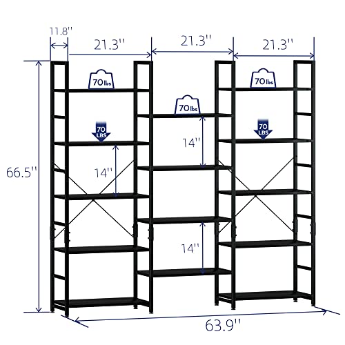 NUMENN Triple Wide 4 Tier Bookshelf, Adjustable Rustic Industrial Style Bookcases with 11 Open Display Shelves, Modern Tall Bookcase Furniture for Bedroom, Living Room and Home Office, Black