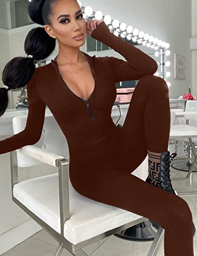 Mizoci Women's Sexy Bodycon Long Sleeve One Piece Jumpsuit V Neck Zip Up Ribbed Full Romper, S, Coffee