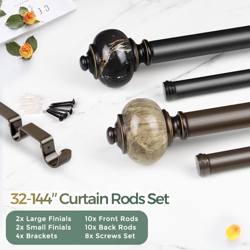 KAMANINA 1 Inch Double Curtain Rod 36 to 72 Inches (3-6ft) Bronze Telescoping Curtain Rods for Windows, Heavy Duty Dual Drapery Rods with Marbled Finials