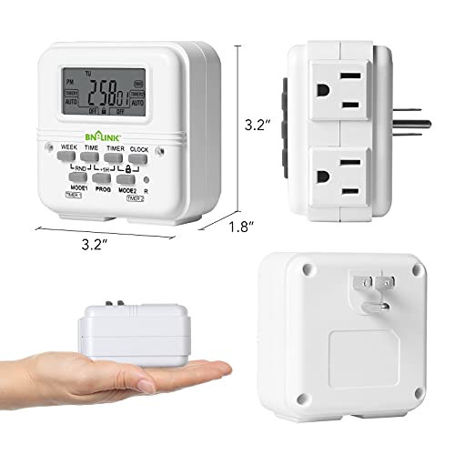BN-LINK Digital Timer Outlet 7 Day Programmable Digital Outlet Timer with 2 Independent Outlets 3-Prong Mini Indoor Easy Set Stackable Plug-in for Lights Lamps Fans Accurate 8A/1000W 1/3HP