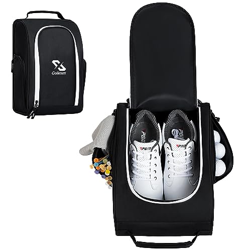 Golkcurx Golf Shoe Bag for Travel Zippered Sport Shoe Carrier Bags with Side Accessory Pockets for Socks, Tees, Golf Balls（Black）