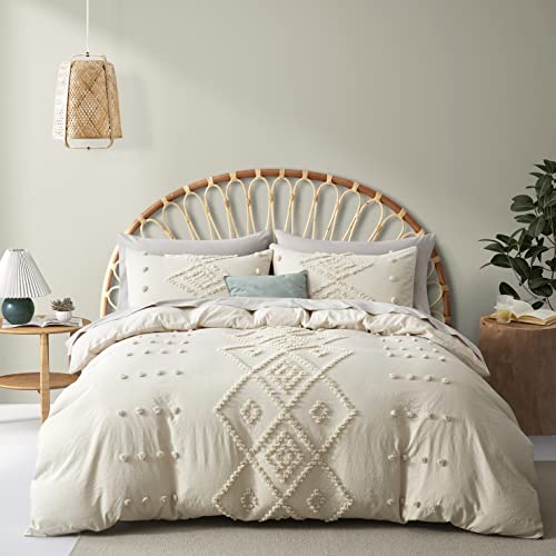 Oli Anderson Tufted Duvet Cover Twin Size, Soft and Lightweight Duvet Covers Set for All Seasons, 2 Pieces Boho Embroidery Shabby Chic Bedding Set (Beige, Twin, 68" x 90")