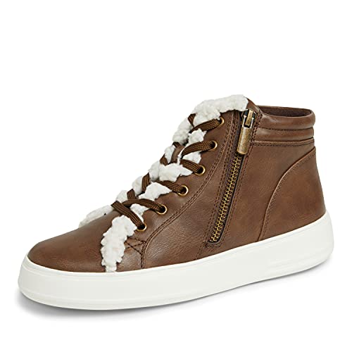 Dearfoams Women's Original Comfort Outside Zip & Lace Bootie with Faux Fur Detail Platform, Brown, 6