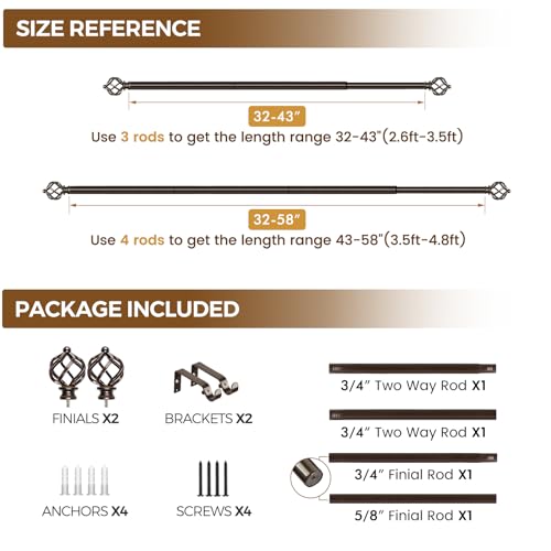KAMANINA Bronze Curtain Rod 32 to 58 Inch(2.6-4.8ft), Adjustable Curtain Rods for Windows 28 to 48 Inch, 3/4 Inch Splicing Drapery Rods with Twisted Cage Finial