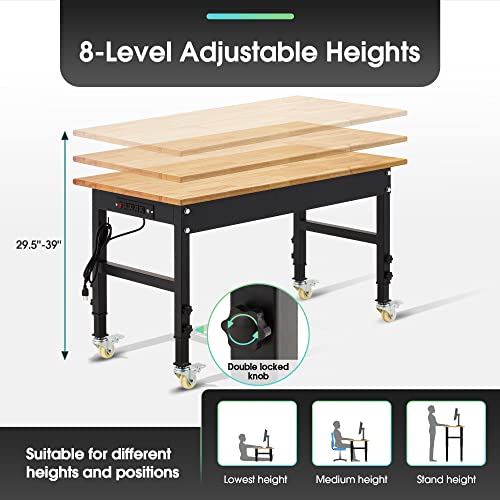 Antifir 48" Adjustable Workbench,Heavy Duty Workstation with Rubber Wood Top, 2000 LBS Load Capacity Hardwood Garage Workbench for Garage,Office,Workshop,Home, Easy Assembly