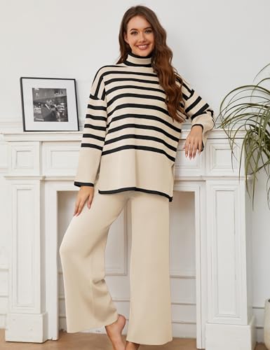 Tanming Women's Sweater Sets Long Sleeve Striped Jumper Tops Casual Knit Wide Leg Pants Sets (Beige-S)