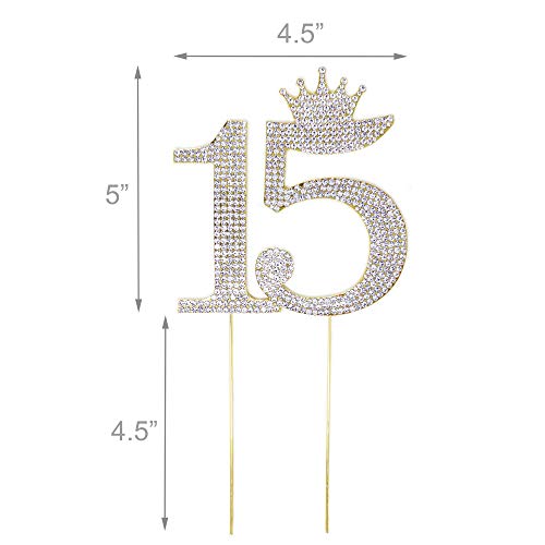 Number 15 Quinceanera Rhinestone Princess Crown Monogram Cake Topper - Sweet 15th Birthday Party (Gold)