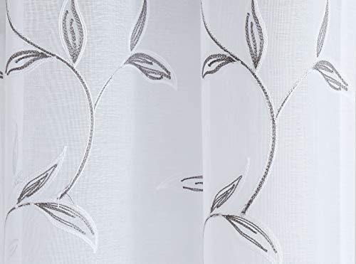 Warm Home Designs Pair of 2 Sheer White Faux-Linen Short Size Curtain Panels with Beautiful Charcoal Color Stitched Leaf Embroidery. Each Grommet Drape is 54" (Width) x 63" (Length). M Charcoal 63"