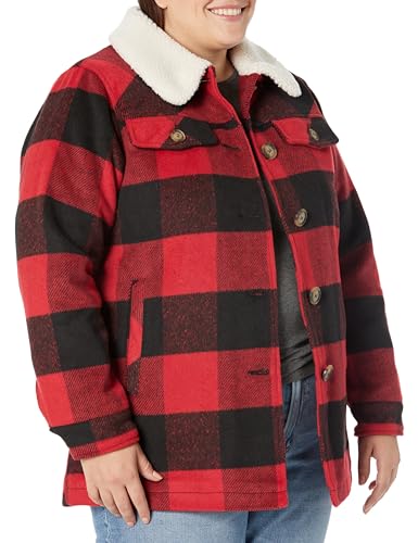 AVENUE Women's SOCIETIE+ Plus Size Jacket Faux Wool Plaid, Black/RED