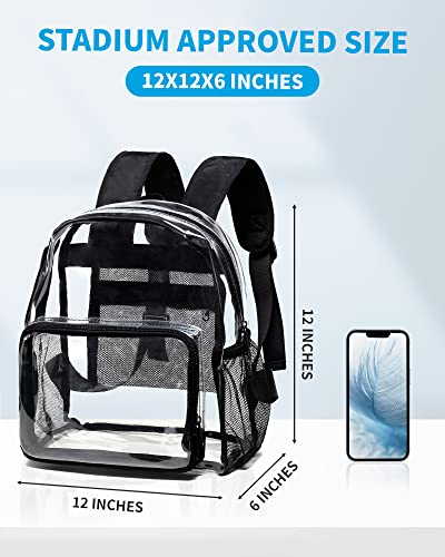 Vorspack Clear Mini Backpack - Stadium Approved 12x12x6 Small, Stadium Backpack for Women with 2 Water Holders Heavy Duty for Concert Work Sport Games Festival Venues - Black