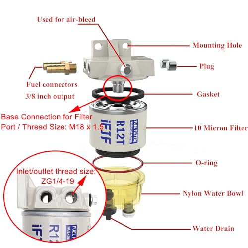 iFJF R12T Fuel Water Separator Marine 120AT NPT ZG1/4-19 Automotive Parts with Fitting -Complete Combo Filter Diesel Engine(Includes 2 fittings,2 plugs)