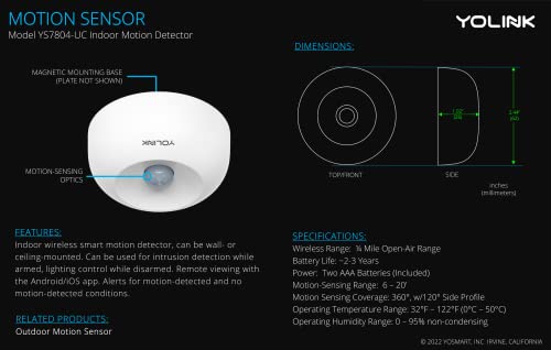 Smart Motion Sensor, YoLink 1/4 Mile World's Longest Range Wireless Motion Detector Compatible with Alexa IFTTT, Movement Detector App Alerts Remote Monitor for Indoor Use, YoLink Hub Included