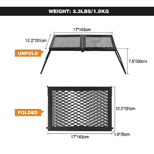 REDCAMP Folding Campfire Grill Heavy Duty Steel Grate, Portable Camp Fire Cooking Rack Over Fire Pit with Carrying Bag for Outdoor BBQ Camping