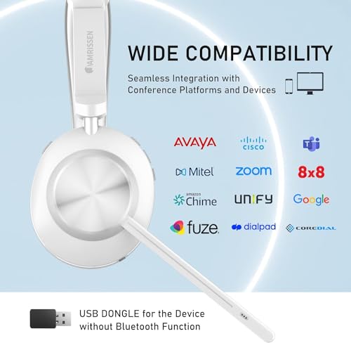Jamrissen Wireless Headset, Bluetooth Headset with Microphone Noise Cancelling, 45+Hrs Talktime Bluetooth Headset with Mic Mute & USB Dongle for PC/Computer/Laptop/Cell Phones/Remote Work/Call Center
