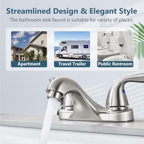 Aolemi Bathroom Faucets Arc 4 Inch Centerset Bathroom Sink Faucet Double Handle Vanity Faucet with Pop Up Drain Assembly and Supply Lines,Brushed Nickel