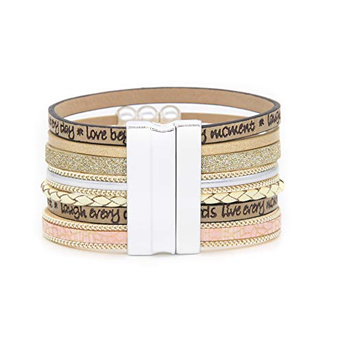 FANCY SHINY Tree of Life Leather Wrap Bracelet Inspirational Cuff Bangles Boho Pearl Bracelets with Clasp Unique Jewelry Gifts for Women(Beige)