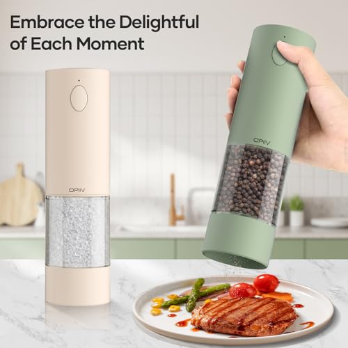 OPIIV 2 Pack Electric Salt and Pepper Grinder Set - USB Rechargeable Automatic Salt Pepper Mill Shaker with LED Light, Adjustable Coarseness, One Hand Operation