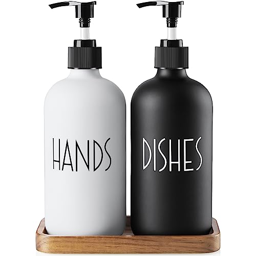 ALELION Glass Dish Soap Dispenser for Kitchen - 16 OZ Hand Soap Dispenser Set with Pump and Acacia Wood Tray - Black White Modern Farmhouse Kitchen Bathroom Decor and Accessories