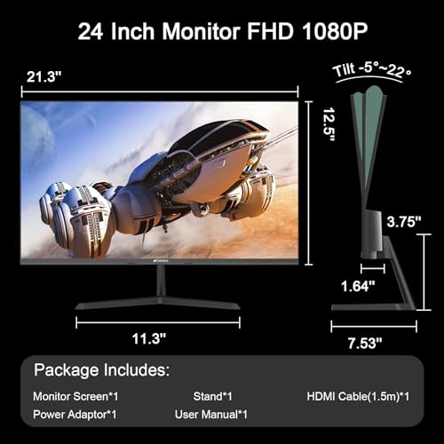 SANSUI Monitor 24 inch 100Hz IPS 1080P Computer Monitor HDMI VGA HDR Tilt Adjustable/VESA Compatible, for Game and Office (ES-24X3AL HDMI Cable Included)