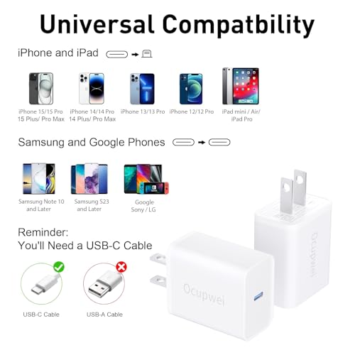 USB C Charger Block 20W, Ocupwei PD 3.0 Fast Charging Wall Charger USBC Power Adapter Type C Brick Cube for iPhone 15/15Pro/15Pro Max/15Plus/14/13/12/11, iPad, Samsung, Google[2 Pack]