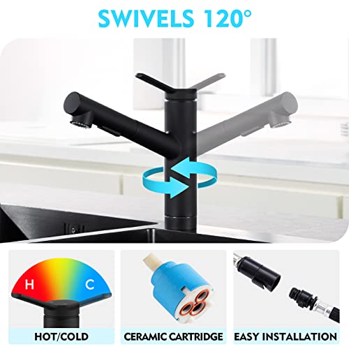 CREA Kitchen Bar faucets,Black Kitchen Sink Faucet Pull Out Sprayer Utility Small Prep Wet Bar Single Handle Hole,Commercial Modern rv Sink Low Arc Faucet Outdoor Laundry