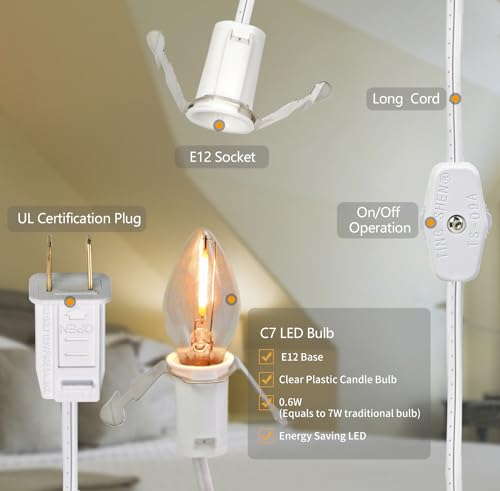 MEILUX Accessory Cord with LED Night Lights - White Cord with On/Off Switch, Warm White C7 Bulbs and Spare Fuse for Holiday and Home Decoration