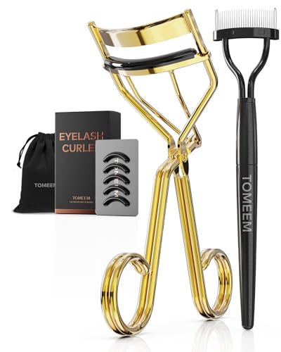 Eyelash Curler with Comb, Professional Volumizing Lash Lift Kit Lash Curler with Refill Pads for Home & Travel Uses, Gold