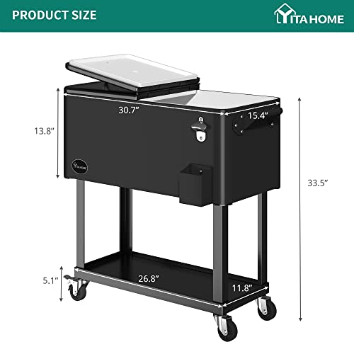 YITAHOME 80 Quart Rolling Cooler Cart with Bottle Opener Drainage, Portable Patio on Wheels, Outdoor Beverage Drink for Pool Deck Party BBQ Cookouts (Black)