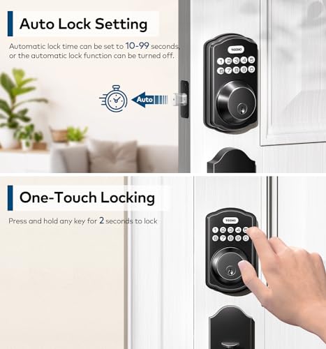 TEEHO Keyless Entry Door Lock Deadbolt with Handle Set- Electronic Digital Keypad Deadbolt - Front Door Lock Set with 2 Keys - Auto Lock - Easy Installation - Matte Black