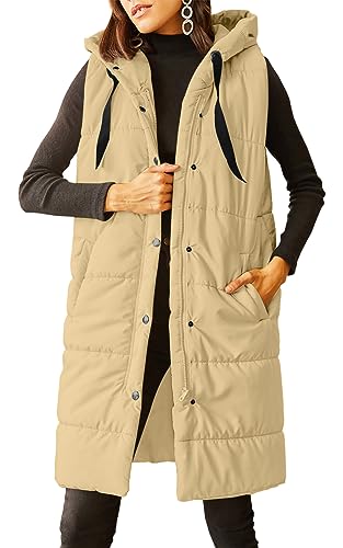 Grlasen Women's Long Quilted Puffer Vest Sleeveless Hooded Button Down Padded Coats Jacket Outerwear with Pockets