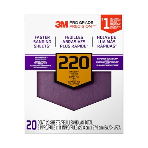 3M Advanced Sandpaper, 20 Sheets, 220 Grit, 3M Pro Grade Precision, Features No-Slip Grip Backing, 9-in x 11-in, For Sanding Wood, Drywall, or Metal, Can be Used on Wet or Dry Surfaces (26220CP-P-G)