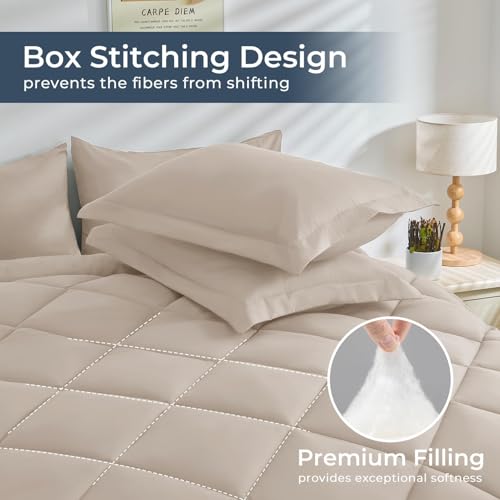7 Pieces Full Comforter Set, All Season Reversible Bed in a Bag Full, Ultra Soft Full Bedding Set with Grey Comforter, Flat Sheet, Fitted Sheet, Pillowcases, Pillow Shams, Navy Blue & Light Grey