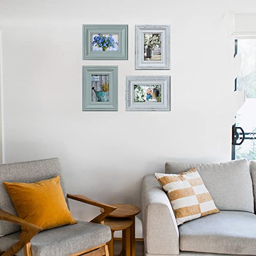 Buecasa Rustic 3.5x5 Inches Wooden Picture Frame Pack of 2 Vintage Cyan and White in Gift Box - Distressed Wood High Definition Glass Photo Frame Outside 6.1x7.7 Inches - 2 Way Display Tabletop or