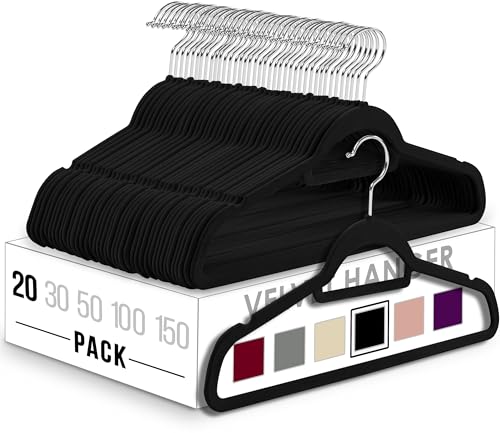 Utopia Home Premium Velvet Hangers 20 Pack - Non-Slip Clothes Hangers with Tie Bar - Black Hangers - Standard Hangers with 360 Degree Rotatable Hook - Heavy Duty Coat Hangers