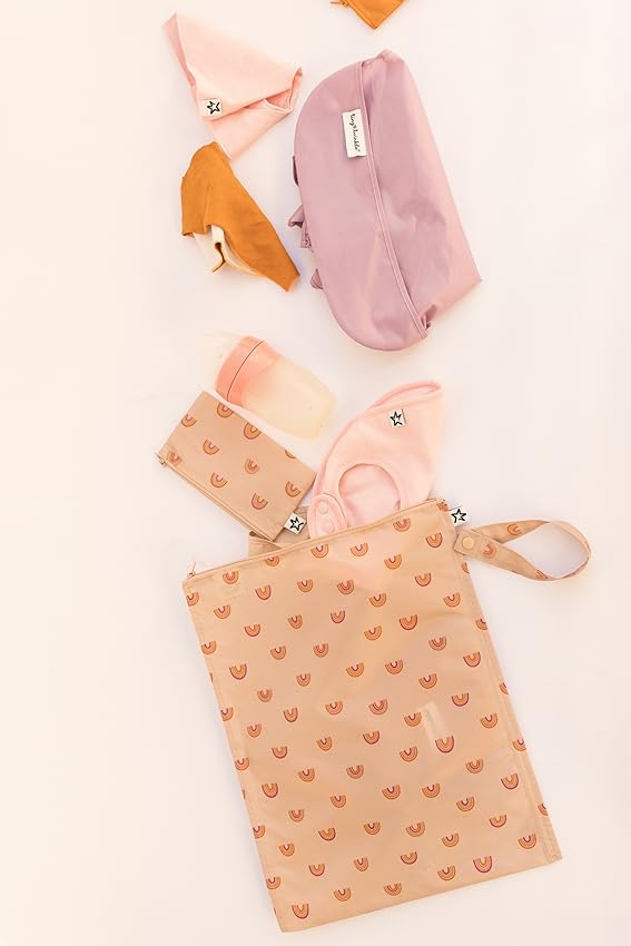 Tiny Twinkle Mess-proof Wet Bags 2 Pack Waterproof and Washable Bag for Travel storage, Stroller, Daycare, Baby Diapers, Yoga, Beach, Pool, Wet Toddler Swimsuits (Boho Rainbow)
