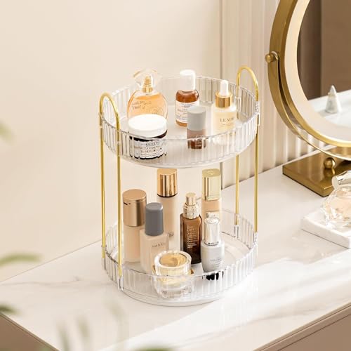 Vorey 360 Rotating Makeup Organizer Countertop Clear 2 Tier Bathroom Organizer Spinning Perfume Organizers, Skincare Organizers Makeup Carousel Cosmetic Brush Storage for Vanity, Countertop