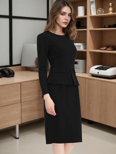 Allegra K Women's Bodycon Dresses Round Neck Long Sleeve Casual Work Outfits Peplum Sheath Dress Small White